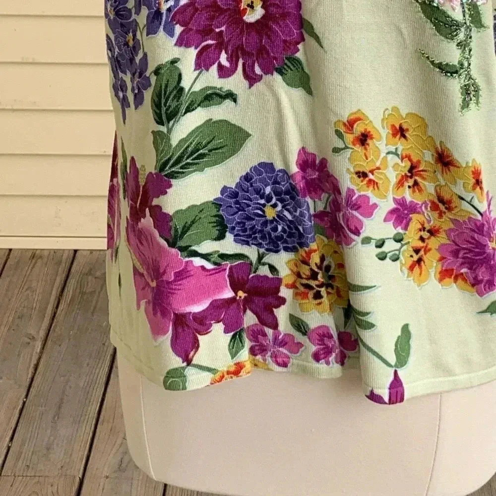 Michelle Nicole Beaded Floral Sweater L Sleeve Light Green Romantic Whimsical